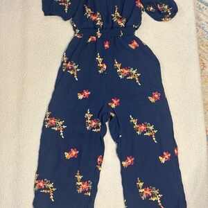 Blue and Red Floral Cropped Jumpsuit